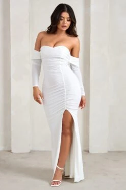 Midnight | White Draped Long Sleeve Maxi Dress -ENY Clothing Shop WB HR CL126209 MidnightWhiteDrapedLongSleeveMaxiDress3