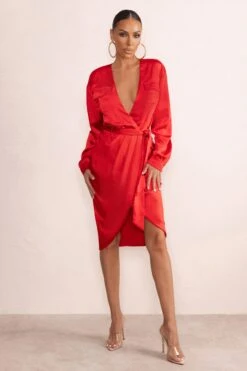 True Romance | Red Satin Plunge Neck Midi Dress With Belt Detail -ENY Clothing Shop WB HR CL126535 TrueRomanceRedSatinPlungeNeckMidiDressWithBeltDetail1
