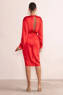 True Romance | Red Satin Plunge Neck Midi Dress With Belt Detail -ENY Clothing Shop WB HR CL126535 TrueRomanceRedSatinPlungeNeckMidiDressWithBeltDetail2
