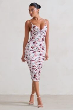 Desired | White Floral Ruched Strappy Midi Dress -ENY Clothing Shop WB HR CL126642 Desired WhiteFloralRuchedStrappyMidiDress3