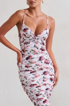 Desired | White Floral Ruched Strappy Midi Dress -ENY Clothing Shop WB HR CL126642 Desired WhiteFloralRuchedStrappyMidiDress4