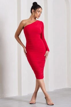 In The Shadows | Red One Sleeve Midi Dress With Ruching 10 In The Shadows | Red One Sleeve Midi Dress With Ruching -ENY Clothing Shop WB HR CL126671004 InTheShadowsRedOneSleeveMidiDressWithRuching2