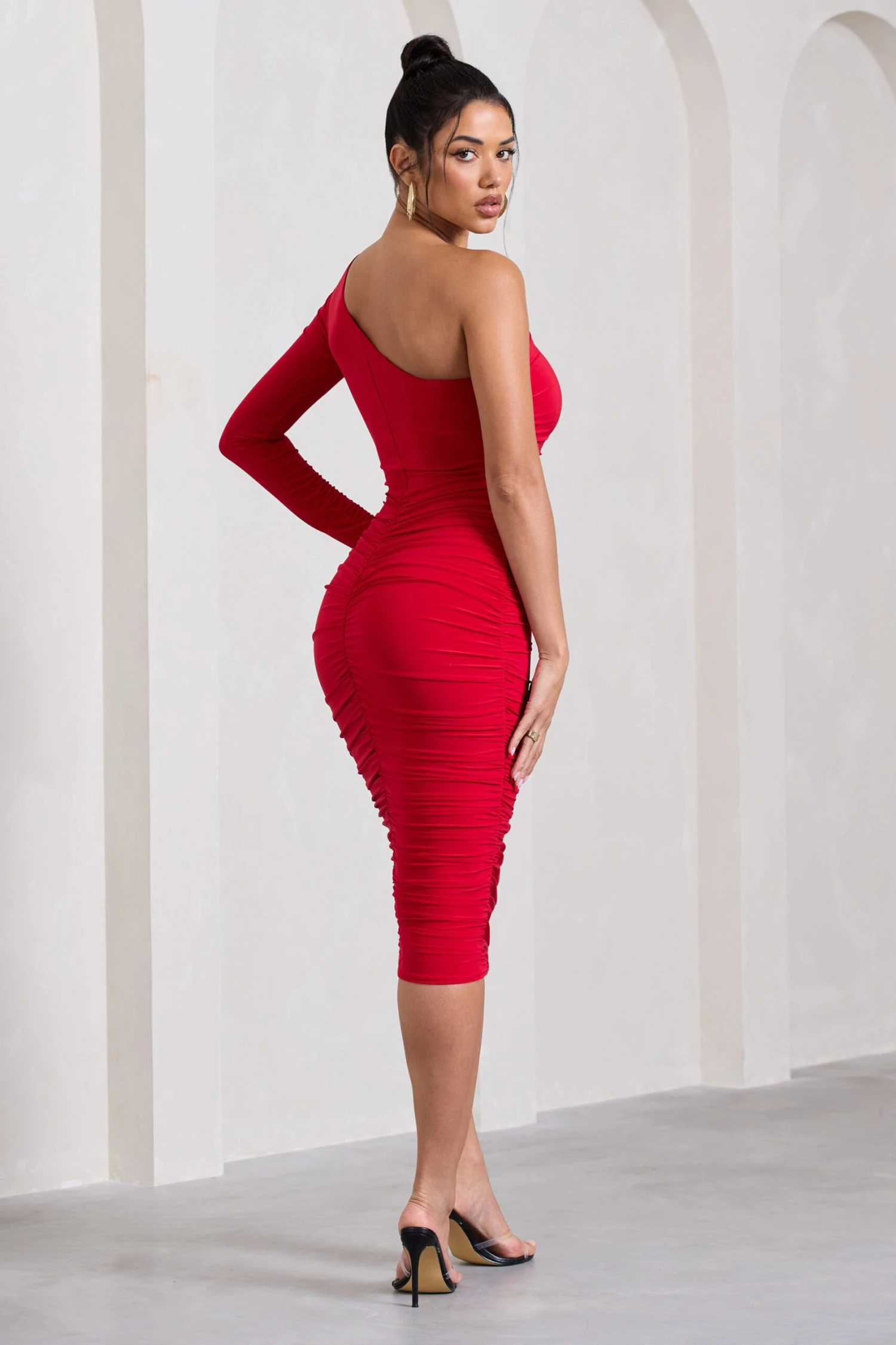 In The Shadows | Red One Sleeve Midi Dress With Ruching 4 In The Shadows | Red One Sleeve Midi Dress With Ruching - Image 2