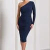 In The Shadows | Navy One Sleeve Midi Dress With Ruching -ENY Clothing Shop WB HR CL126671015 InTheShadowsNavyOneSleeveMidiDressWithRuching1