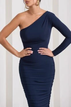 In The Shadows | Navy One Sleeve Midi Dress With Ruching -ENY Clothing Shop WB HR CL126671015 InTheShadowsNavyOneSleeveMidiDressWithRuching6