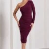 In The Shadows | Burgundy One Sleeve Midi Dress With Ruching -ENY Clothing Shop WB HR CL126671069 InTheShadowsBurgundyOneSleeveMidiDressWithRuching1