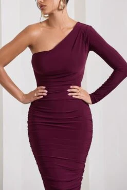 In The Shadows | Burgundy One Sleeve Midi Dress With Ruching -ENY Clothing Shop WB HR CL126671069 InTheShadowsBurgundyOneSleeveMidiDressWithRuching9