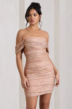 Light Up | Gold Sequin Bardot Mini Dress With Drape Detail -ENY Clothing Shop WB HR CL126702007 LightUpGoldSequinBardotMiniDressWithDrapeDetail2