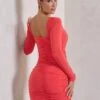 Muse | Coral Long Sleeve Square Neck Ruched Mini Dress