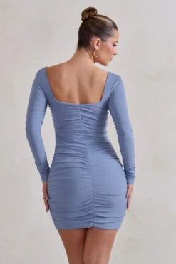 Muse | Cornflower Blue Long Sleeve Square Neck Ruched Mini Dress 7 Muse | Cornflower Blue Long Sleeve Square Neck Ruched Mini Dress -ENY Clothing Shop WB HR CL126709 Muse CornflowerBlueLongSleeveSquareNeckRuchedMiniDressCornflowerBlue3 2