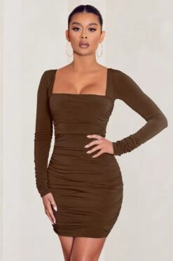 Muse | Chocolate Long Sleeve Square Neck Ruched Mini Dress -ENY Clothing Shop WB HR CL126709 chocolate Long Sleeve Square Neck Ruched Mini Dress 2