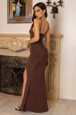 Love Shy | Chocolate Plunge Neck Maxi Dress With Split Detail -ENY Clothing Shop WB HR CL126720067 LoveShy ChocolatePlungeNeckMaxiDressWithSplitDetail1