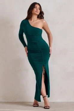 Mystical | Bottle Green One Shoulder Maxi Dress With Side Split -ENY Clothing Shop WB HR CL126725 MysticalBottleGreenOneShoulderMaxiDressWithSideSplit2
