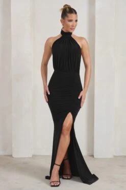 Forever Dreaming | Black Backless Halter Neck Ruched Split Maxi Dress -ENY Clothing Shop WB HR CL126728 ForeverDreamingBlackHalterneckRuchedSplitMaxiDress0