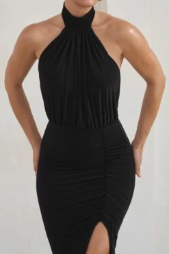 Forever Dreaming | Black Backless Halter Neck Ruched Split Maxi Dress -ENY Clothing Shop WB HR CL126728 ForeverDreamingBlackHalterneckRuchedSplitMaxiDress4