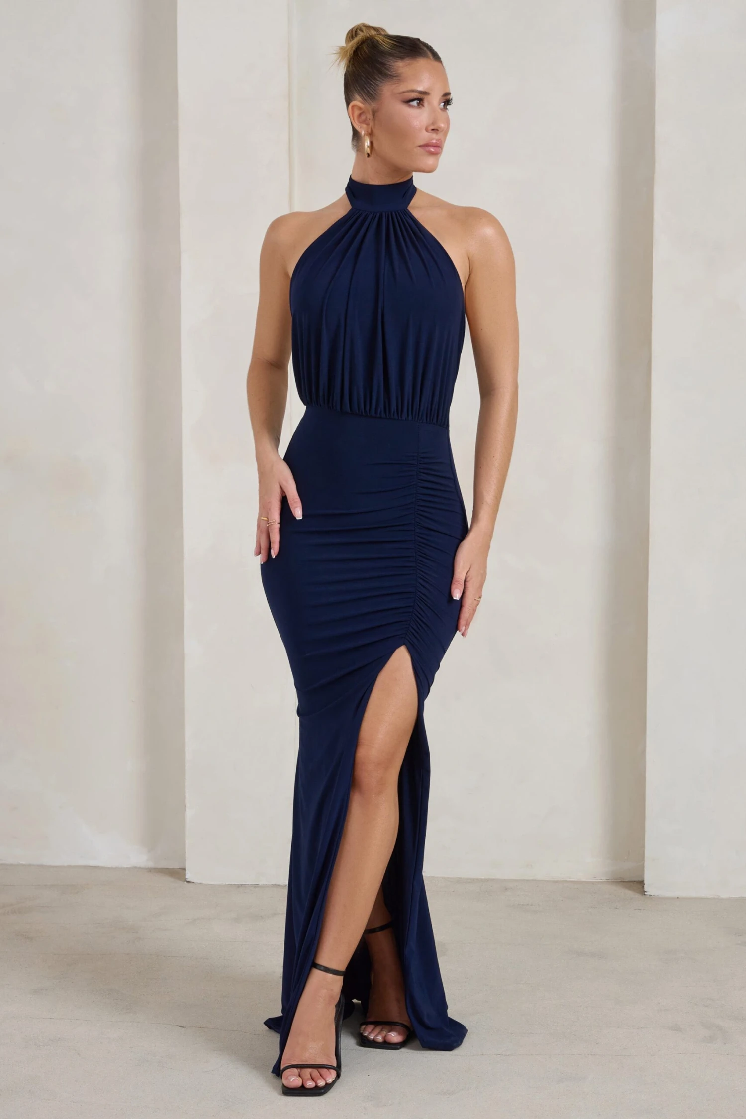 Forever Dreaming | Navy Backless Halterneck Ruched Split Maxi Dress 3 Forever Dreaming | Navy Backless Halterneck Ruched Split Maxi Dress
