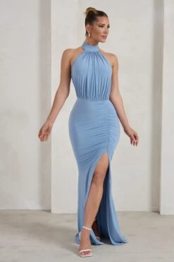 Forever Dreaming | Powder Blue Backless Halterneck Ruched Split Maxi Dress -ENY Clothing Shop WB HR CL126728 ForeverDreamingPowderBlueHalterneckRuchedSplitMaxiDress0 01 39be0b02 4f62 4f5c b255 ea6015869288