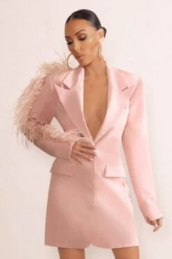 One In A Million | Pink Blazer Mini Dress With Feather Trim -ENY Clothing Shop WB HR CL127037 OneInAMillionNudeBlazerDressWithFeatherTrimDownOneArm2