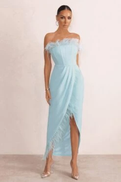 Cosmo | Powder Blue Bandeau Corset Maxi Dress With Feather Trim -ENY Clothing Shop WB HR CL127049 PricelessPowderBlueBandeauFeatherCorsetMidiDressWithFeatherTrim0