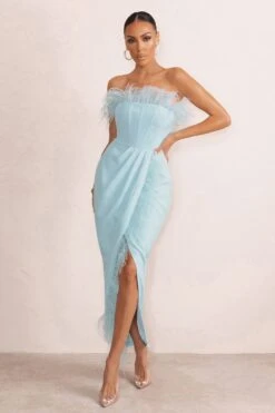 Cosmo | Powder Blue Bandeau Corset Maxi Dress With Feather Trim