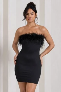 Stop The Show | Black Feather Trim Bandeau Mini Dress -ENY Clothing Shop WB HR CL127104002 StopTheShowBlackFeatherTrimBandeauMiniDress2