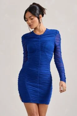 Euphoria | Cobalt Blue Ruched Long Sleeve Mini Dress -ENY Clothing Shop WB HR CL127184071 Euphoria CobaltBlueRuchedLongSleeveMiniDress2