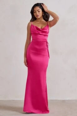 Lifetime | Fuchsia Pink Satin Cowl Neck Maxi Dress With Cross Back Detail -ENY Clothing Shop WB HR CL127192 LifetimeFuchsiaPinkSatinCowlNeckMaxiDressWithCrossBackDetail0
