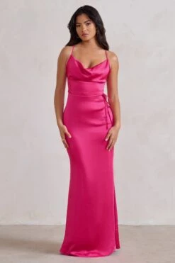 Lifetime | Fuchsia Pink Satin Cowl Neck Maxi Dress With Cross Back Detail -ENY Clothing Shop WB HR CL127192 LifetimeFuchsiaPinkSatinCowlNeckMaxiDressWithCrossBackDetail2