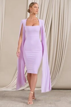 Flawless | Lilac Square Neck Midi Dress With Cape Sleeves -ENY Clothing Shop WB HR CL127209033 Flawless LilacSquareNeckMidiDressWithCapeSleeves3