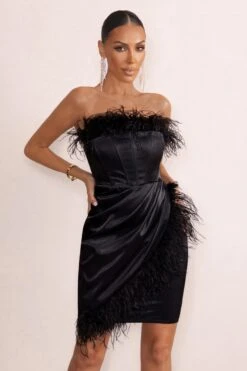 Forever High | Black Bandeau Wrap Front Mini Dress With Feather Trim -ENY Clothing Shop WB HR CL127263 ForeverHighBlackBardotCorsetMiniDressWithFeatherTrim1