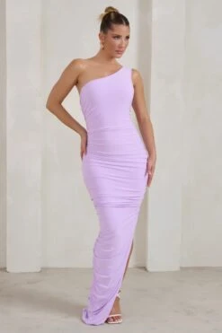 Persia | Lilac One Shoulder Side Split Ruched Maxi Dress -ENY Clothing Shop WB HR CL127279 PersiaLilacOneShoulderSideSplitRuchedMaxiDress2