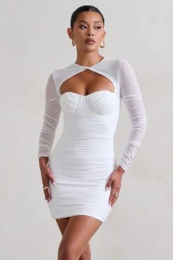 Daiquiri | White Ruched Cut Out Mesh Mini Dress With Long Sleeves -ENY Clothing Shop WB HR CL127288005 02317