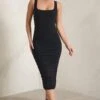 Lisbon | Black Square Neck Ruched Midi Dress -ENY Clothing Shop WB HR CL127326 LisbonBlackSquareNeckRuchedMidiDress0