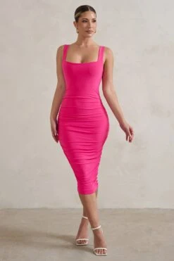 Lisbon | Hot Pink Square Neck Ruched Midi Dress -ENY Clothing Shop WB HR CL127326 LisbonHotPinkSquareNeckRuchedMidiDress1
