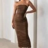 My Lady | Chocolate Brown Strapless Bodycon Ruched Mesh Maxi Dress