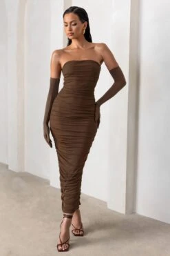 My Lady | Chocolate Brown Strapless Bodycon Ruched Mesh Maxi Dress -ENY Clothing Shop WB HR CL127347 MyLadyChocolateBrownStraplessBodyconRuchedMeshMidiDress CL127020 AnastasiaChocolateOperaGloves1