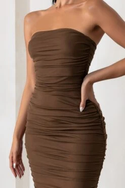 My Lady | Chocolate Brown Strapless Bodycon Ruched Mesh Maxi Dress -ENY Clothing Shop WB HR CL127347 MyLadyChocolateBrownStraplessBodyconRuchedMeshMidiDress CL127020 AnastasiaChocolateOperaGloves501