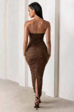 My Lady | Chocolate Brown Strapless Bodycon Ruched Mesh Maxi Dress -ENY Clothing Shop WB HR CL127347 MyLadyChocolateBrownStraplessBodyconRuchedMeshMidiDress CL127020 AnastasiaChocolateOperaGloves6