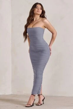 My Lady | Grey Strapless Bodycon Ruched Mesh Maxi Dress -ENY Clothing Shop WB HR CL127347 MyLadyGreyStraplessBodyconRuchedMeshMidiDress3