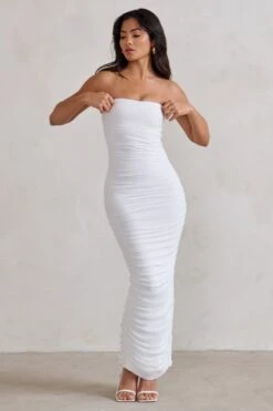 My Lady | White Strapless Bodycon Ruched Mesh Maxi Dress -ENY Clothing Shop WB HR CL127347 MyLadyWhiteStraplessBodyconRuchedMeshMidiDress2