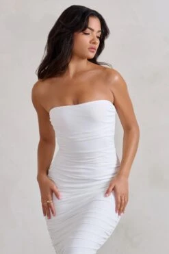 My Lady | White Strapless Bodycon Ruched Mesh Maxi Dress -ENY Clothing Shop WB HR CL127347 MyLadyWhiteStraplessBodyconRuchedMeshMidiDress5