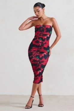 My Girl | Black & Red Floral Print Bandeau Bodycon Ruched Mesh Midi Dress -ENY Clothing Shop WB HR CL127347 MyLady Black RedFloralPrintBandeauBodyconRuchedMeshMaxiDress1 1