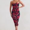 My Girl | Black & Red Floral Print Bandeau Bodycon Ruched Mesh Midi Dress