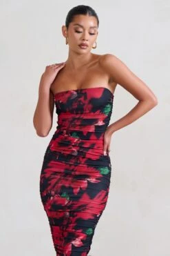 My Girl | Black & Red Floral Print Bandeau Bodycon Ruched Mesh Midi Dress -ENY Clothing Shop WB HR CL127347 MyLady Black RedFloralPrintBandeauBodyconRuchedMeshMaxiDress3 1