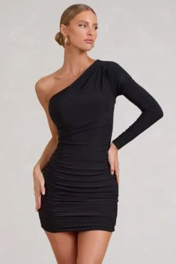 Invite | Black Asymmetric One Shoulder Ruched Detail Mini Dress -ENY Clothing Shop WB HR CL127380002 InviteBlackAsymmetricOneShoulderRuchedDetailMiniDress0