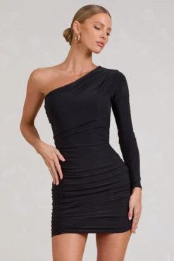 Invite | Black Asymmetric One Shoulder Ruched Detail Mini Dress -ENY Clothing Shop WB HR CL127380002 InviteBlackAsymmetricOneShoulderRuchedDetailMiniDress1