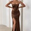 Sensual Notes | Chocolate Brown Satin Strapless Corset Thigh Split Maxi Dress -ENY Clothing Shop WB HR CL127453 SensualNotesChocolateBrownSatinStraplessCorsetThighSplitMaxiDress0