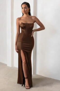 Sensual Notes | Chocolate Brown Satin Strapless Corset Thigh Split Maxi Dress -ENY Clothing Shop WB HR CL127453 SensualNotesChocolateBrownSatinStraplessCorsetThighSplitMaxiDress5