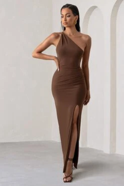 Dressing Up | Chocolate Brown One Shoulder Maxi Dress With Open Back Detail -ENY Clothing Shop WB HR CL127621 DressingUpChocolateHRownOneShoulderMaxiDressWithOpenBackDetail1