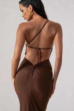 Dressing Up | Chocolate Brown One Shoulder Maxi Dress With Open Back Detail -ENY Clothing Shop WB HR CL127621 DressingUpChocolateHRownOneShoulderMaxiDressWithOpenBackDetail2